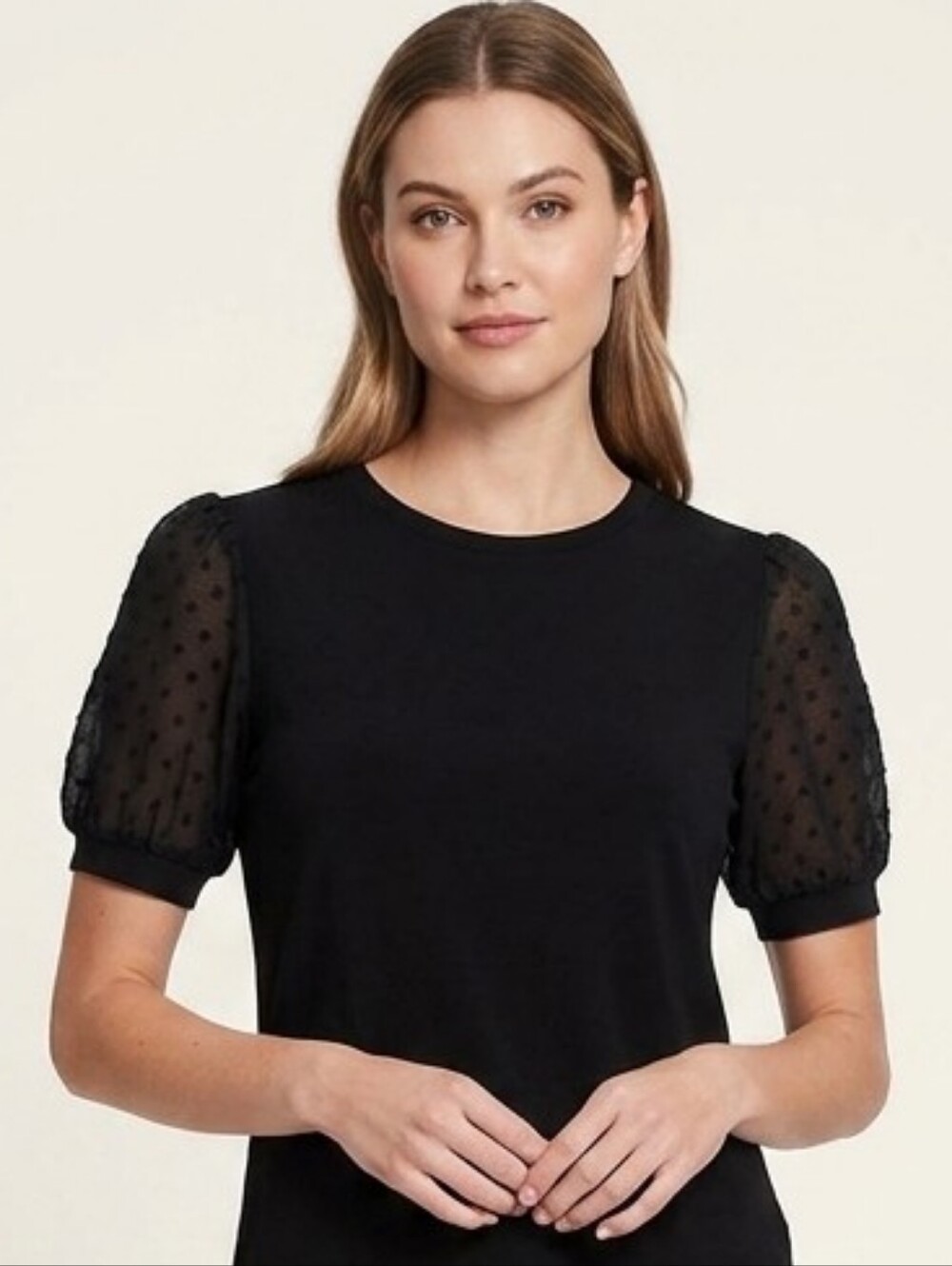 CeCe Women's Short Puff Sleeve Mixed Media Knit Top.